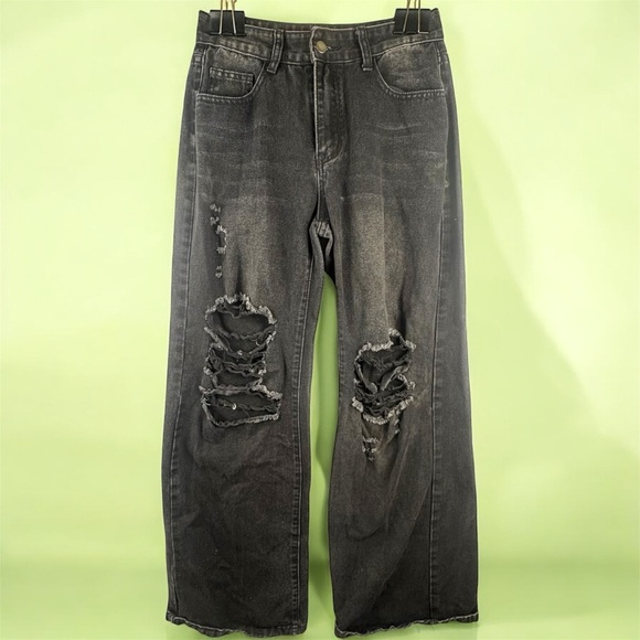 SHEIN Denim - Distressed Wide Leg Baggy Faded Black Jeans Sz 4 Grunge 90s Y2K Punk Skater